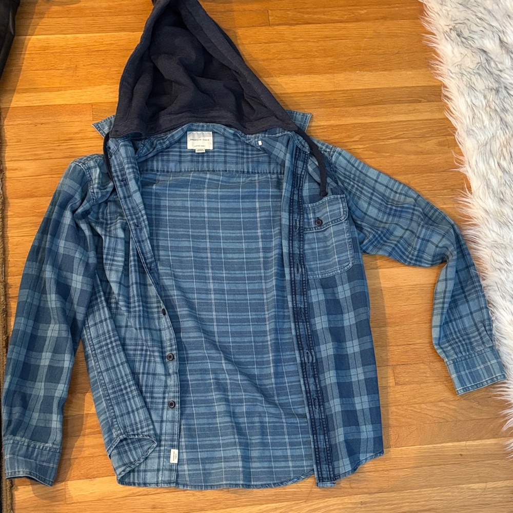 American Eagle Blue Plaid Hooded flannel